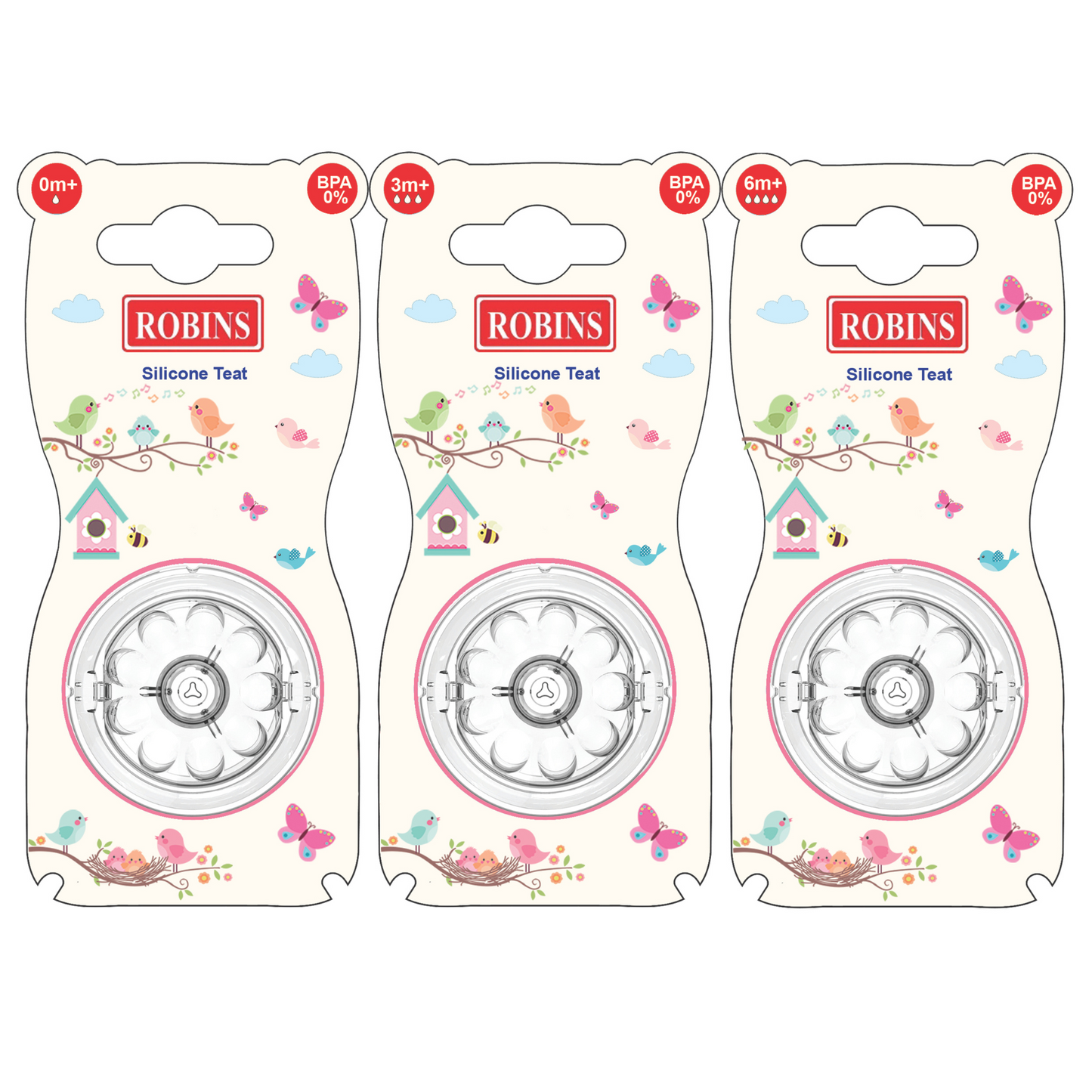 Robins Natural Feeding Bottle Silicone Teat Replacement 2-Pcs