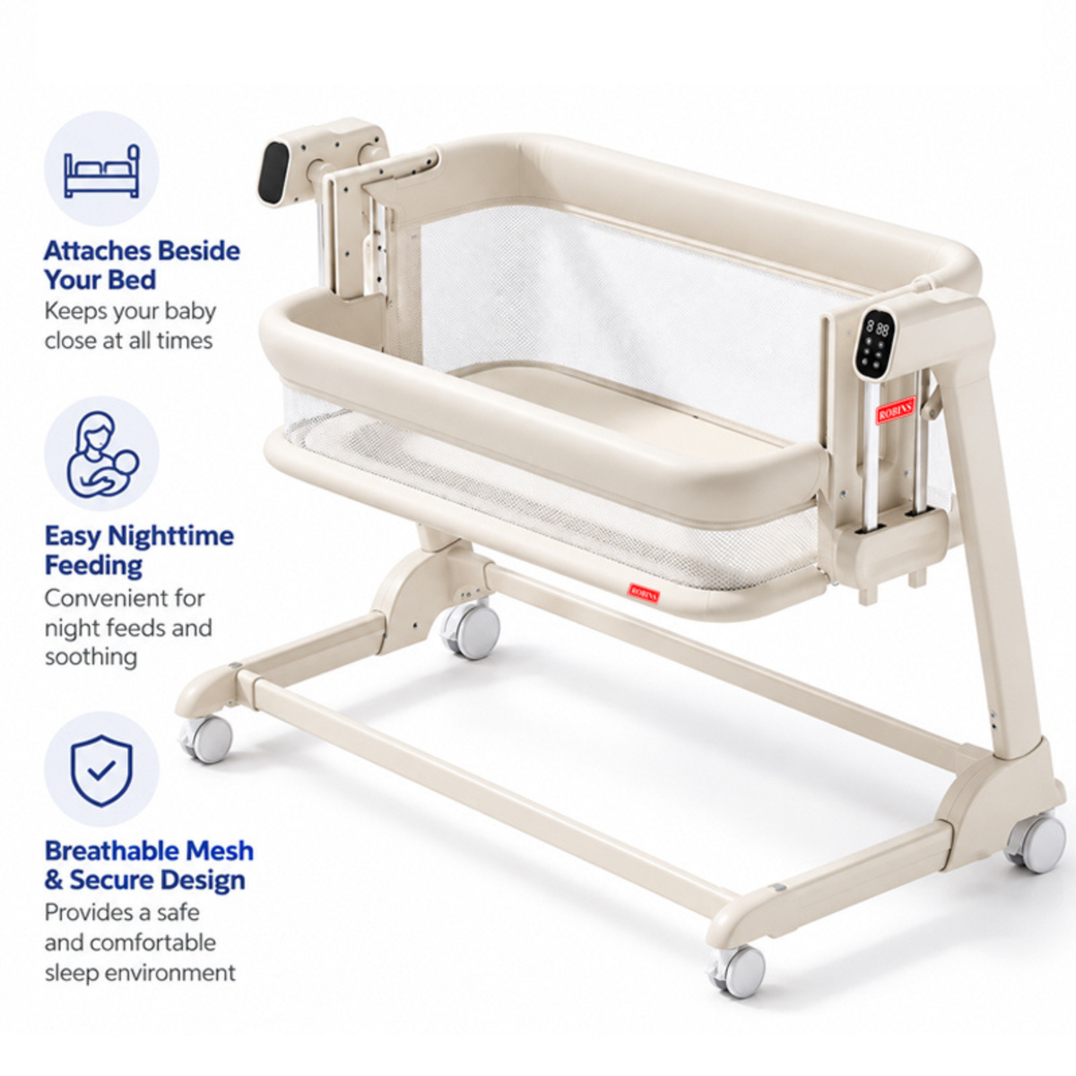 Robins Dream™ Smart Bedside Bassinet – Electric Adjustable Cradle