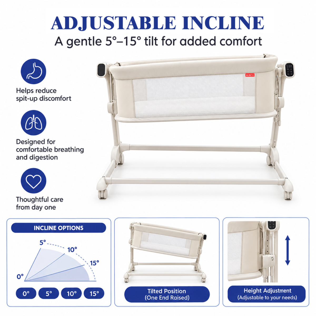 Robins Dream™ Smart Bedside Bassinet – Electric Adjustable Cradle