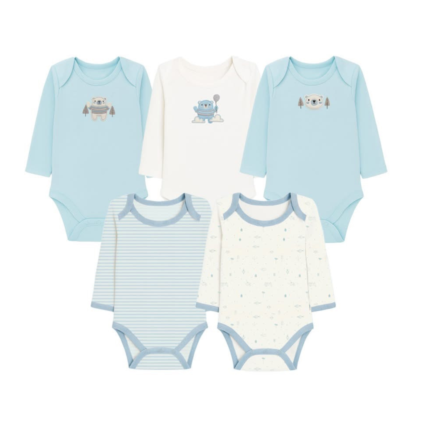 Robins Long Sleeve Bodysuits 5-Pcs Set Blue