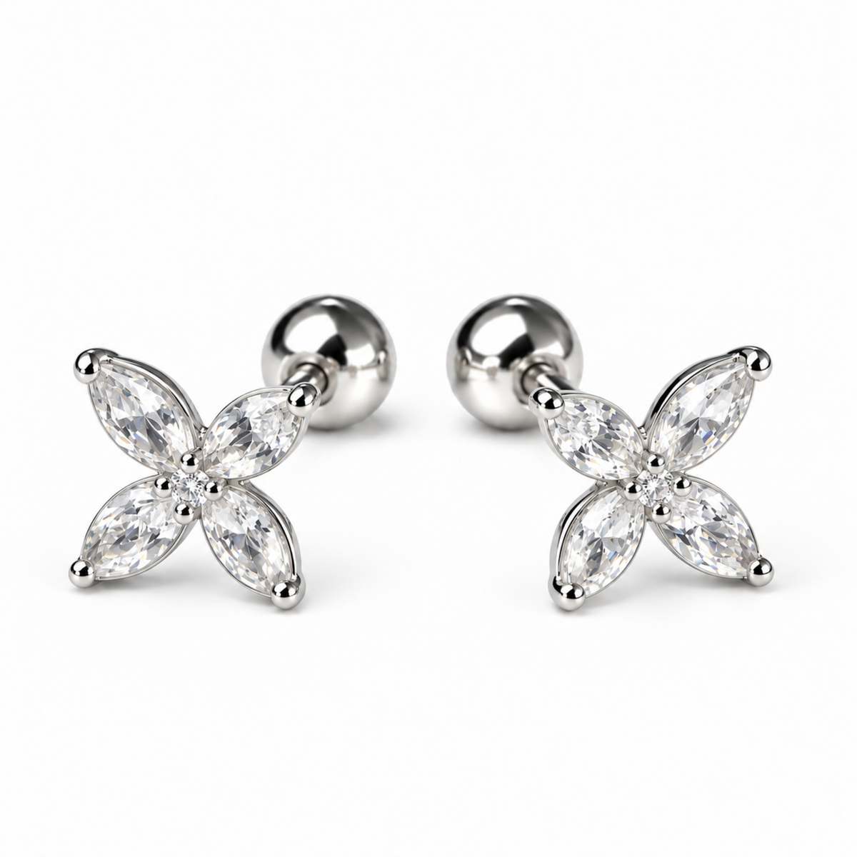 Robins 925 Sterling Silver Baby Four-Petal Flower Crystal Earrings