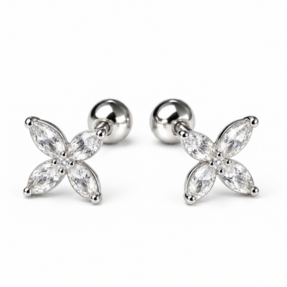 Robins 925 Sterling Silver Baby Four-Petal Flower Crystal Earrings