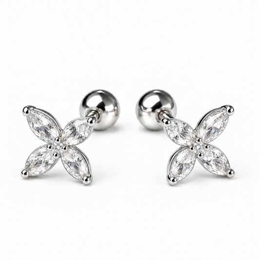 Robins 925 Sterling Silver Baby Four-Petal Flower Crystal Earrings