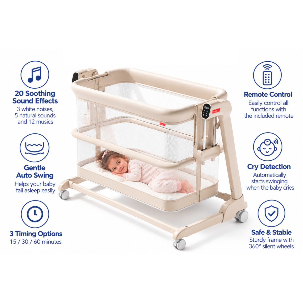 Robins Dream™ Smart Bedside Bassinet – Electric Adjustable Cradle