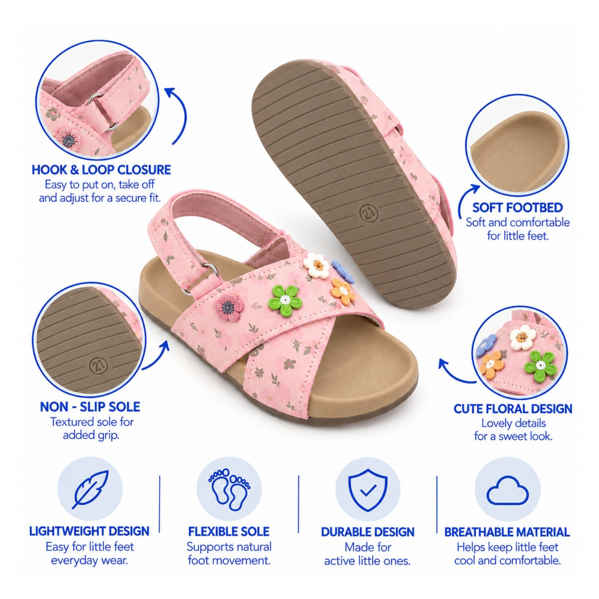 Floral Cross-Strap Kids Sandals – Soft Footbed & Non-Slip Sole