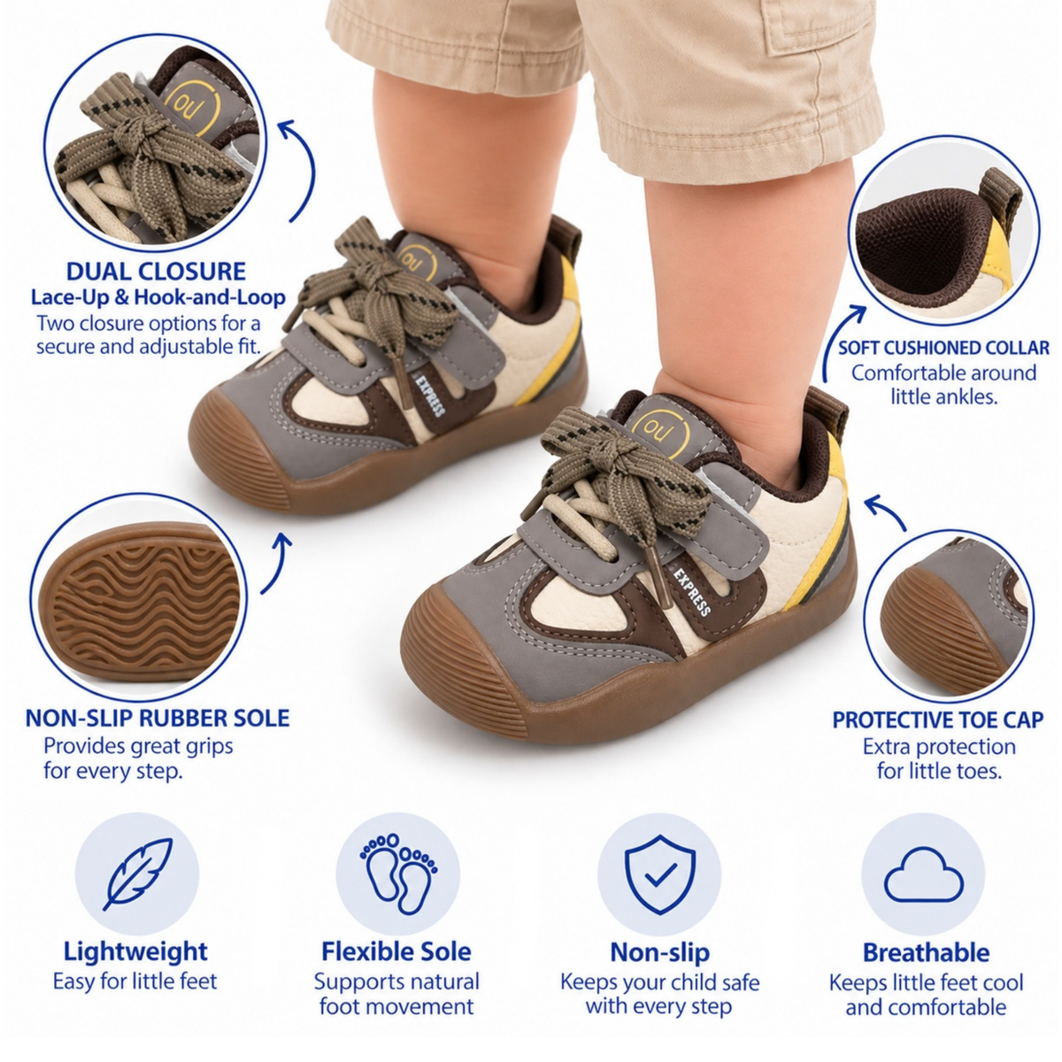 Robins Kids Casual Sneakers with Flexible Non-Slip Rubber Sole - 3 Colors